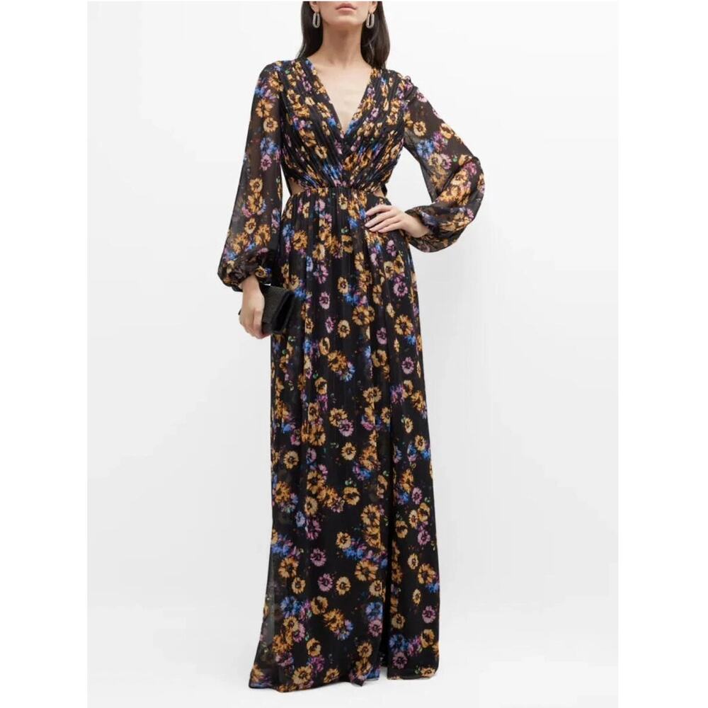 Aidan Mattox Floral V-Neck Pleated Chiffon Maxi Dress Gown Sz 6 Cottage Prairie